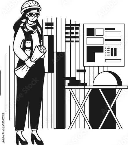 Female engineer supervising construction work illustration in doodle style