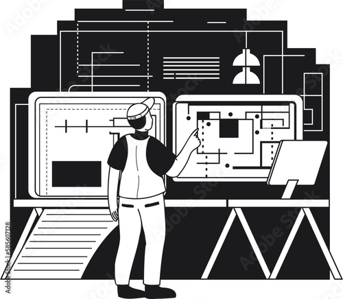 Male engineer supervising construction work illustration in doodle style