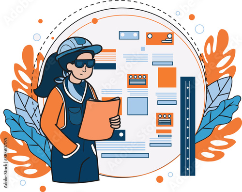 Female engineer supervising construction work illustration in doodle style