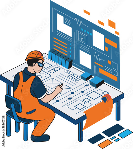 Male engineer supervising construction work illustration in doodle style