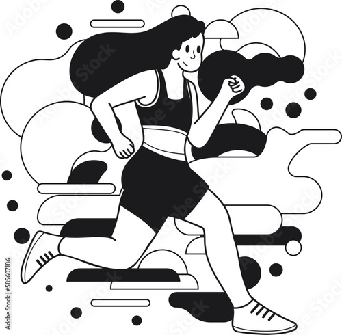 Fitness girl running and exercising illustration in doodle style