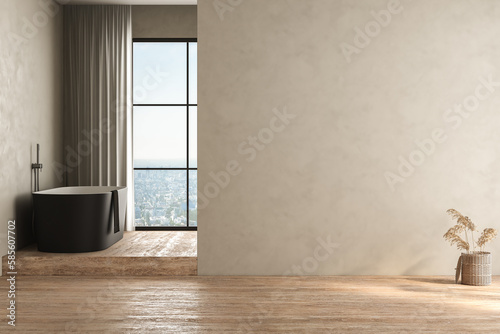 Blank beige wall for mock up of bathroom cabinet, in modern bathroom, bathtub, travertine floor, city view from window. 3d rendering
