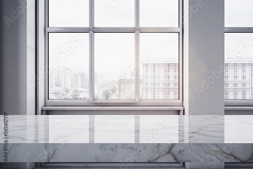 Modern Minimalist Marble Table in Front of a Large Window with a City View. Generative AI