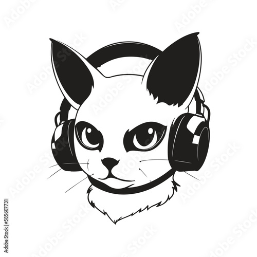 cat in headphones digital art ,hand drawn illustration