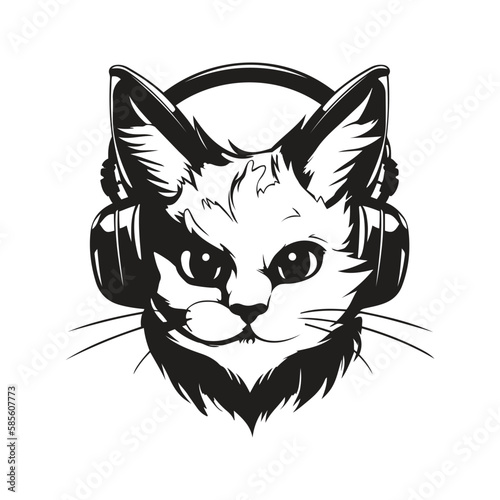 cat in headphones digital art ,hand drawn illustration