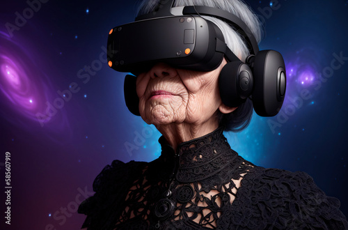 Elderly woman in VR goggle on background of space. Portrait of happy retired lady in virtual reality glasses. Generative AI.