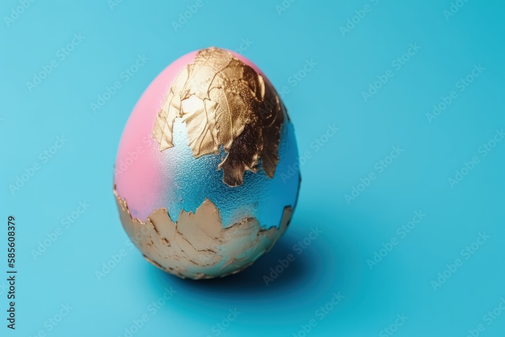 decorative painted egg on a blue background with gold and pink details. Generative AI decorative painted egg on a blue background with gold and pink details. Generative AI