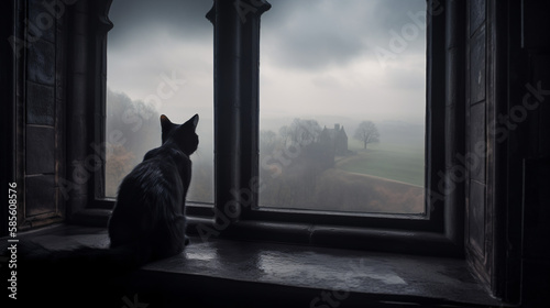 Black cat by the window viewing nature view generative ai