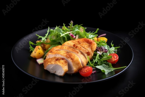Roasted grilled chicken breast sliced fillet with fresh rocket salad on black plate dark photo