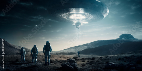 human astronauts looking at an alien spaceship in another planet, space exploration photo