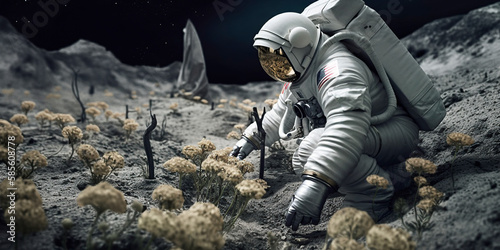 astronauts planting trees and plants on the moon or Mars, futuristic experiment on terraformation, space colonization