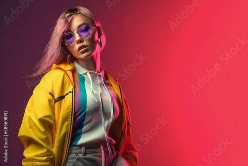 fashion woman colorful, the bold eclectic fashion styles of the Y2K era. dressed in the latest fashion trends of the time, including chunky shoes, low-rise pants, crop tops, and oversized sunglasses