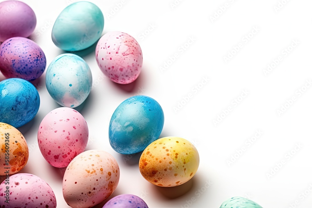 colorful speckled eggs arranged on a clean white background. Generative AI colorful speckled eggs arranged on a clean white background. Generative AI