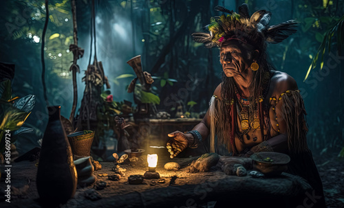 A Shaman traditional healer preparing for a ceremony in the Amazon rainforest (generative AI)