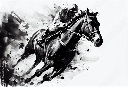 Racing horse with jockey. Equestrian sport. Illustration of ink paints. Generative AI.