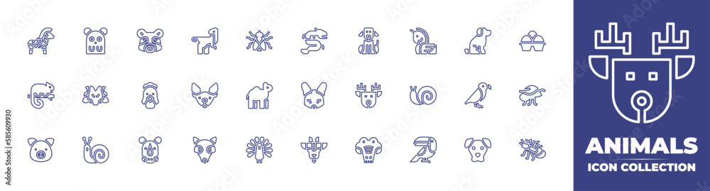 Animals line icon collection. Editable stroke. Vector illustration. Containing zebra, animal, racoon, animals, fly, dog, chameleon, chicken, cat, camel, deer, snail, ant, pig, rhino, and more.