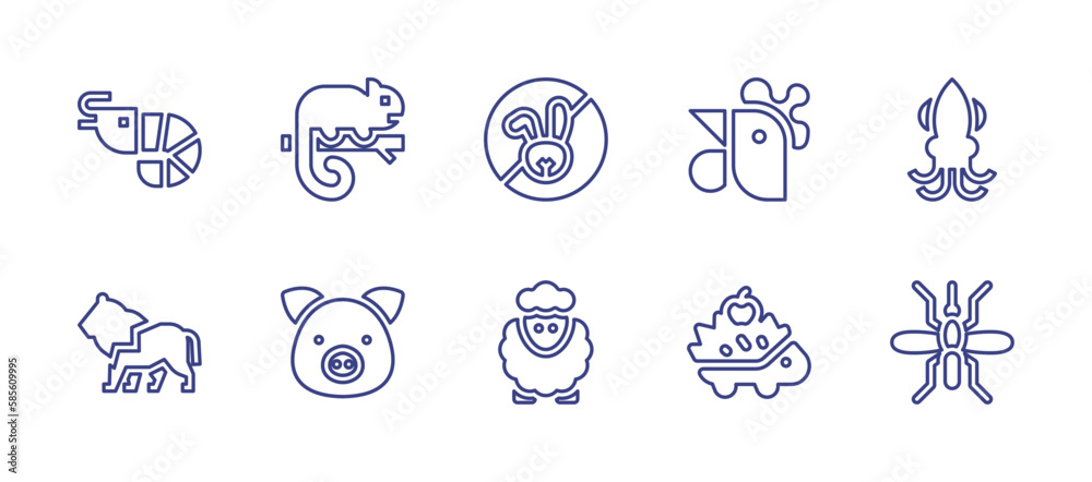 Animals line icon set. Editable stroke. Vector illustration. Containing animal, chameleon, cruelty free, chicken, squid, lion, pig, hedgehog, mosquito.
