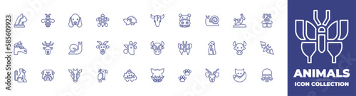 Animals line icon collection. Editable stroke. Vector illustration. Containing cat, animal, cocker spaniel, hedgehog, skull, hippopotamus, snail, reindeer, adopted, horse, deer, goat, and more.