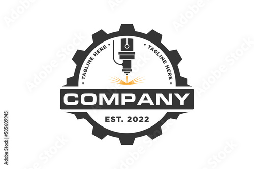 Laser cutting logo with circular gear design template silhouette isolated. CNC machine logo emblem