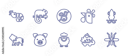 Animals line icon set. Editable stroke. Vector illustration. Containing animal  chameleon  cruelty free  chicken  squid  lion  pig  hedgehog  mosquito.