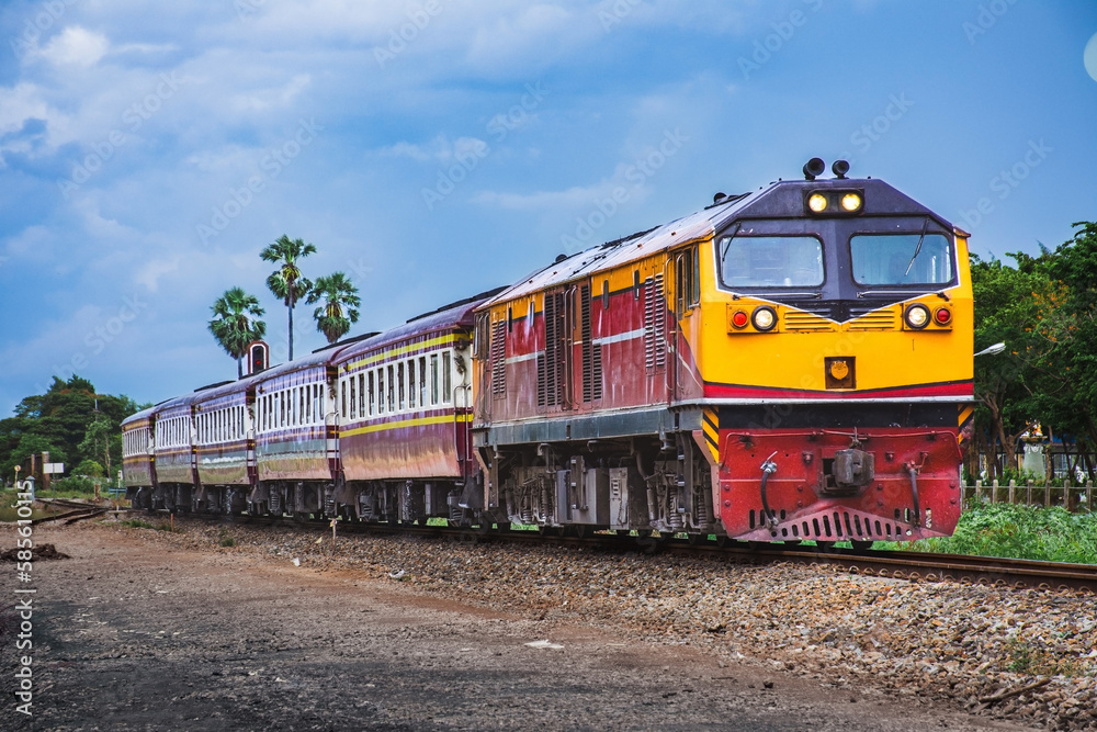 Passenger train by diesel locomotive on the railway. Passenger train by diesel locomotive on the railway.