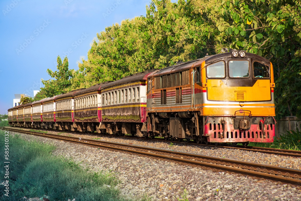 Passenger train by diesel locomotive on the railway. Passenger train by diesel locomotive on the railway.
