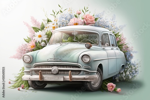 old car with flowers in the back - illustration
