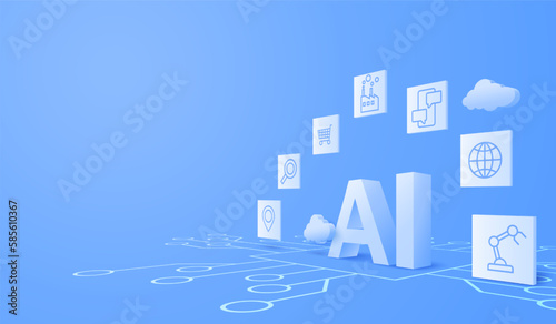 3D artificial intelligence with circuit electric background. Digital futuristic big data visualization and machine learning. vector banner art illustration.