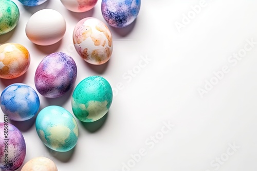 colorful Easter eggs arranged on a white background. Generative AI