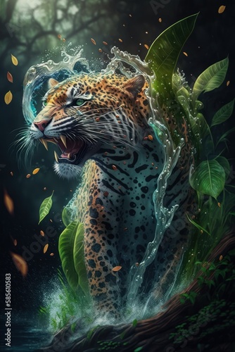 Tiger jumps from behind a tree in the river. Water ripples and green leaves spread out. Hungry tiger hunting for prey. Suit for wallpaper  wildlife. Generative AI.