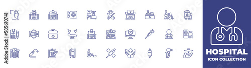 Hospital line icon collection. Editable stroke. Vector illustration. Containing reflex hammer, hospital, pharmacy, monitoring, sterilization, reception, carer, blood bag, health insurance, and more.