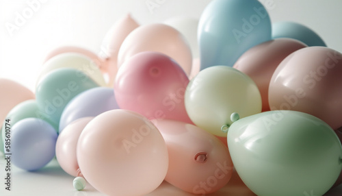 Birthday Balloons in Pastel Colors: A Dreamy Close-Up with Soft and Airy Textures, Lit by Natural Light Against a White Background - Generative AI