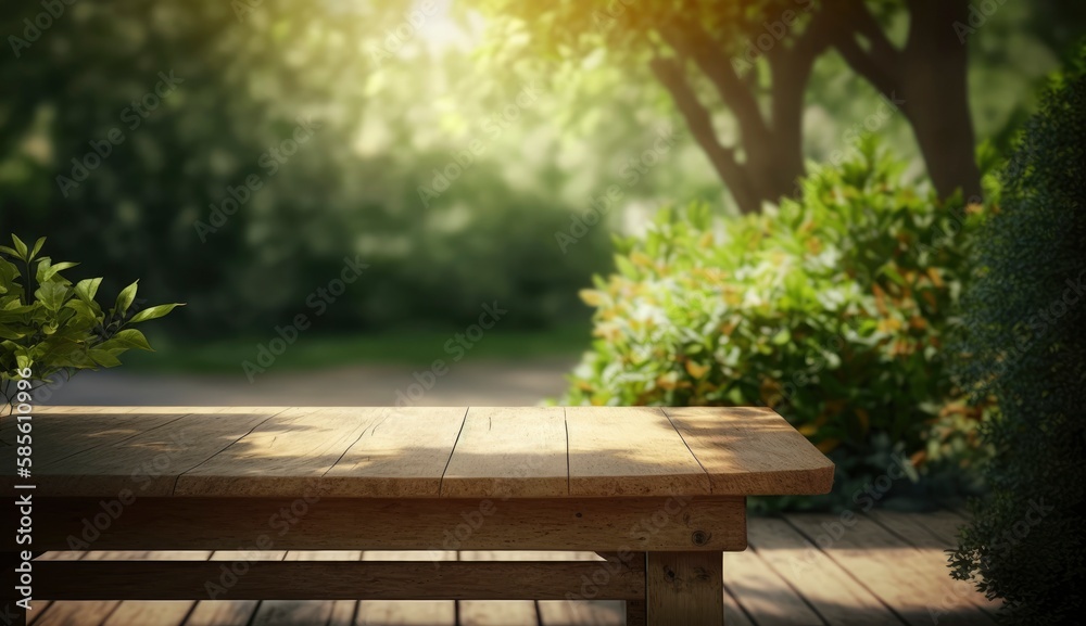 Empty wooden table in natural green garden outdoor. Product placement with sunday light, Generate Ai