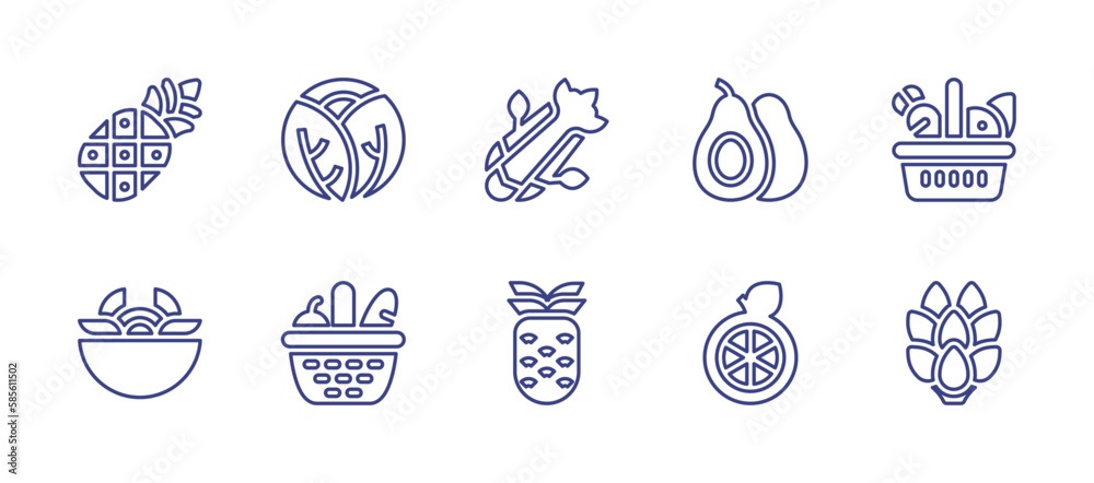 Vegetables line icon set. Editable stroke. Vector illustration. Containing pineapple, vegetable, celery, avocado, basket, salad, orange, artichoke.
