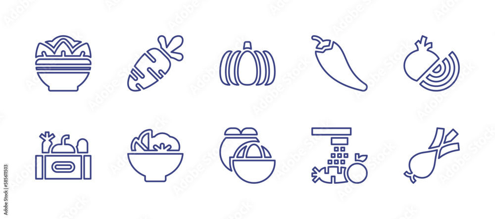 Vegetables line icon set. Editable stroke. Vector illustration. Containing food, carrot, pumpkin, chilli, onion, vegetable, salad, mangosteen, wash.