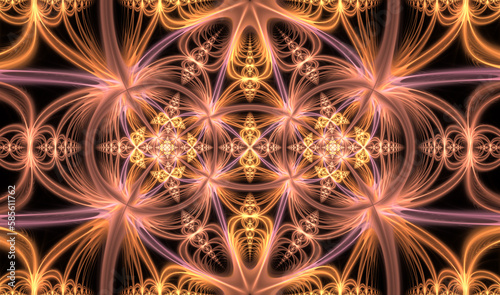 Abstract symmetrical fractal art of infinite glowing light rays.