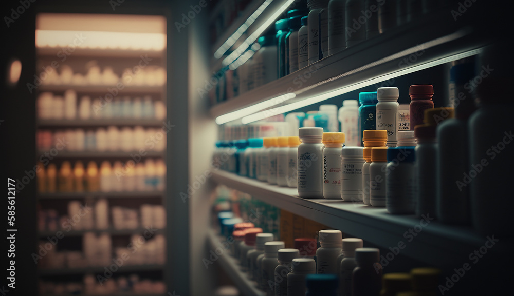 Hyper detailed photograph of nobody in a brightly lit pharmacy with pill bottles on shelves, photorealistic, photo, Generative AI