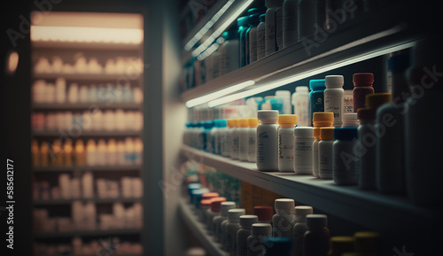 Hyper detailed photograph of nobody in a brightly lit pharmacy with pill bottles on shelves, photorealistic, photo, Generative AI © Shooting Star Std