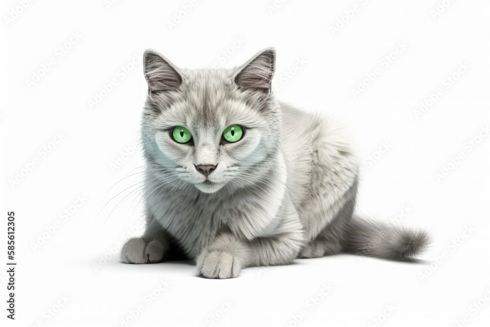 white cat with piercing green eyes sitting calmly. Generative AI