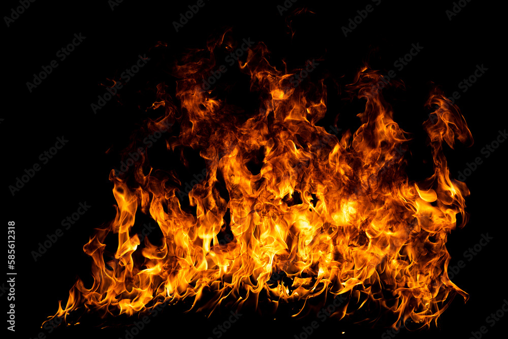 Fire flame isolate on black background. Burn flames, abstract texture. Art design for fire pattern, flame texture.