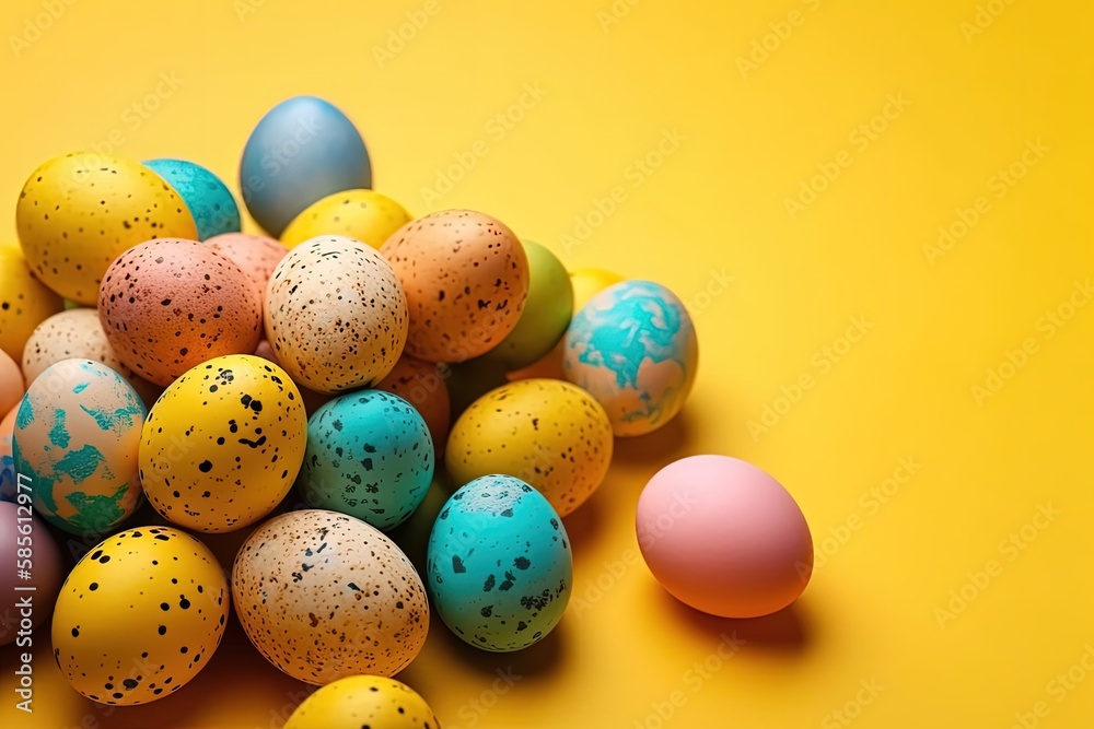 vibrant assortment of Easter eggs on a sunny yellow backdrop. Generative AI vibrant assortment of Easter eggs on a sunny yellow backdrop. Generative AI