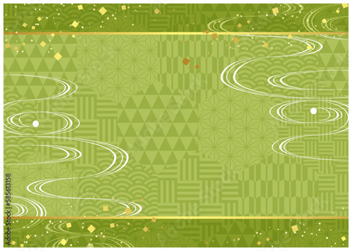 緑の雲と六角和柄背景ヨコ