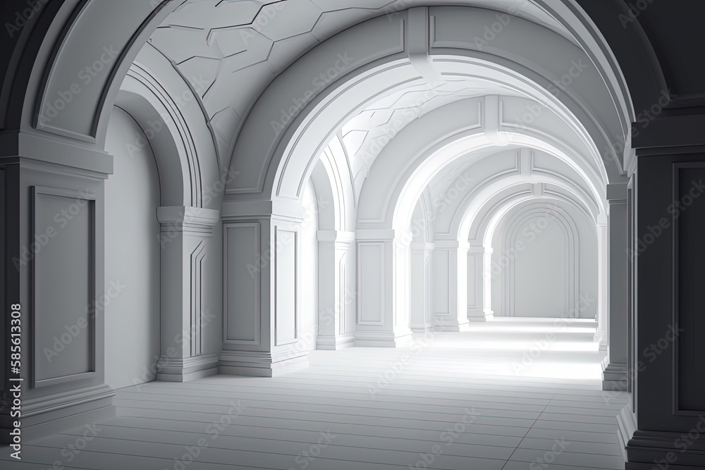 an empty hallway with arches and columns. Generative AI