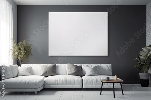 Blank white canvas inside of a living room for a wall art mockup illustration with Generative AI