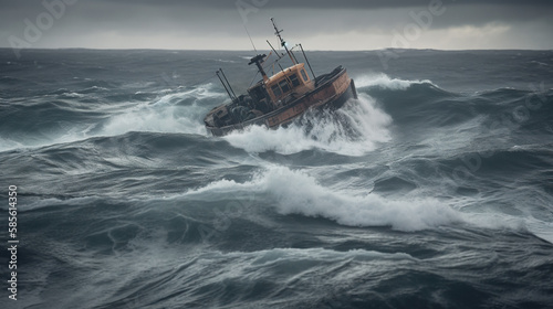 Fishing trawler in the stormy sea. Generative AI