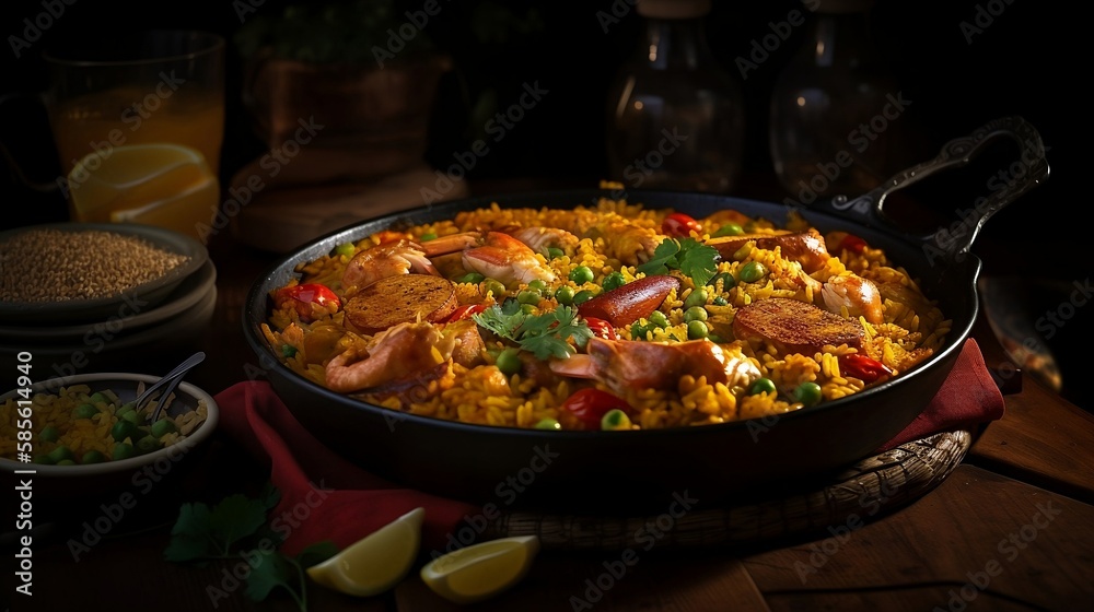 Paella Spanish dish consisting of rice saffron vegetable, culinary photo, created with Generative AI