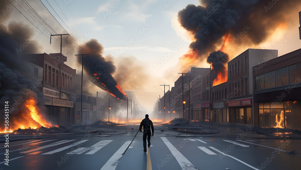 Silhouette of Man Walking down a Street, Bulding Ruins and Fire and Smoke ,Blue Sky Atmospheric Background Wallpaper Generative AI Illustration