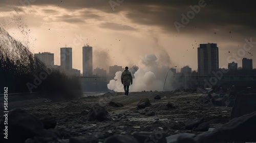 person walking from explosion burning , bomb and smoke sunset in the city view, destruction cloud fireball, generative ai