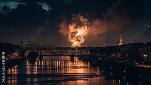 paris explosion burning France, bomb and smoke sunset in the city, Eiffel tower destruction cloud fireball, generative ai