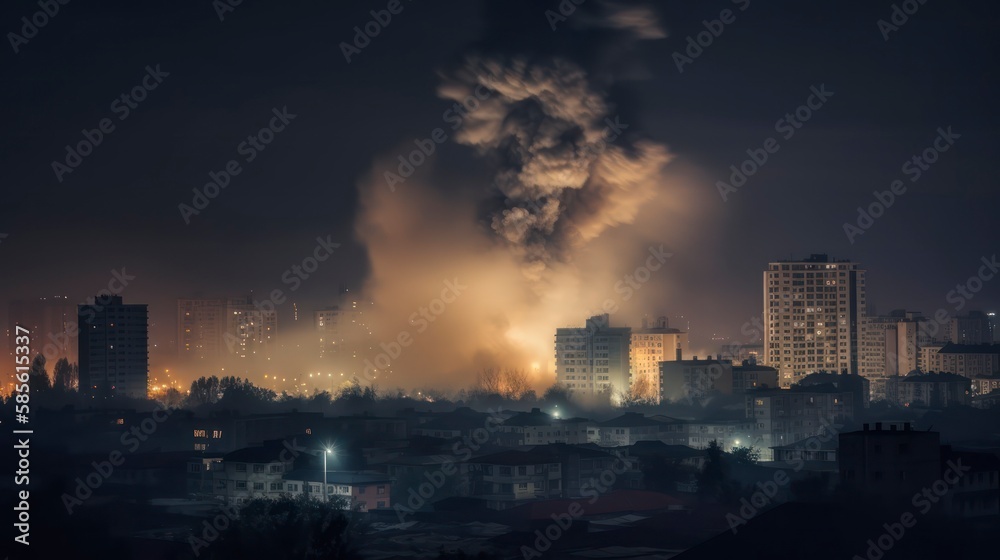 city explosion mushroom cloud burning , bomb and smoke sunset in the city, tower destruction fireball, generative ai